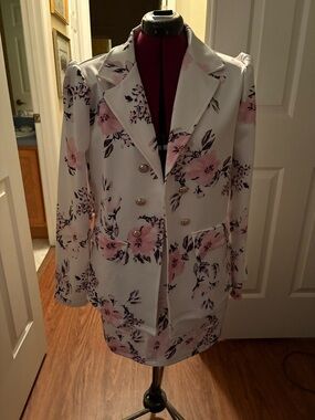 Women's White Blazer Jacket with Pink Floral Print and Gold Buttons